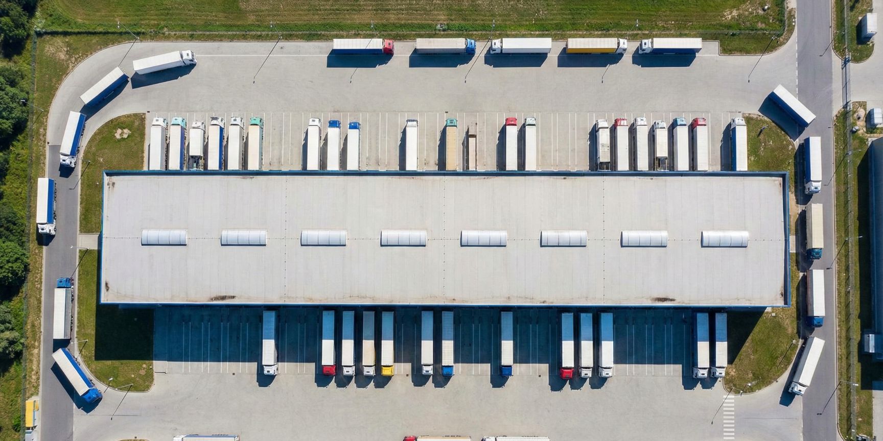 Luftaufnahme eines Logistikzentrums mit zweiseitiger Befahrbarkeit, das LKW-Laderampen auf beiden Längsseiten des Gebäudes für effizientes Cross-Docking zeigt